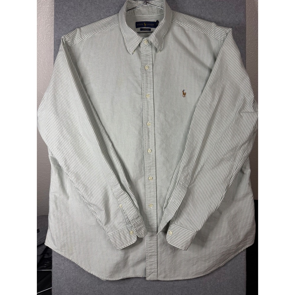 Polo Ralph Lauren XXL Mens Classic Fit Green White Striped Cotton Button Down